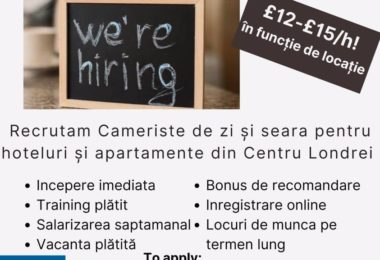 Recrutam Cameriste Hoteluri si Apartamente in Londra