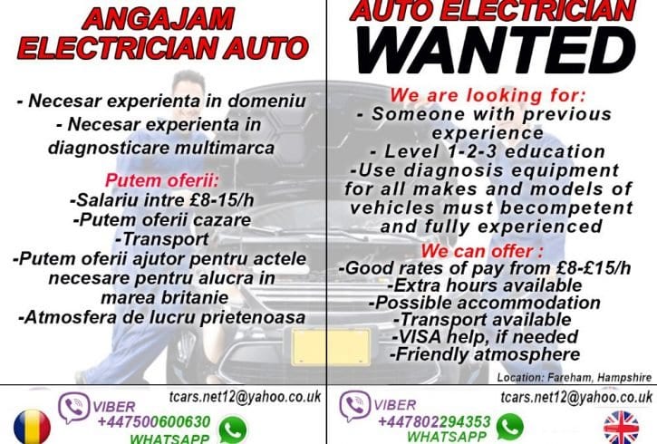 Angajam electrician auto in Fareham - Marea Britanie